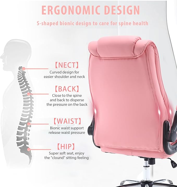 Pink Office Chair, Ergonomic High Back Executive Office Desk Chairs for Women, 90°-120° Rocking Computer Chair with Wheels, Swivel Lumbar Support Home Office Desk Chair