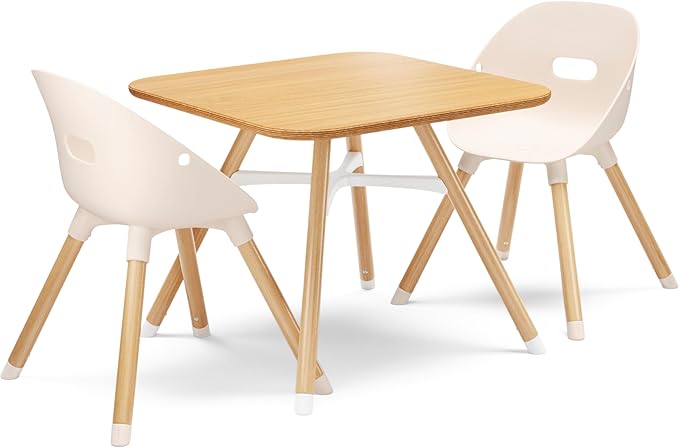 Lalo The Play Kit - Kids Table & Chairs Set with Sustainably Sourced Wood Table & 2 Non-Toxic Bucket Seat Chairs - Safe & Comfortable - Natural/Grapefruit