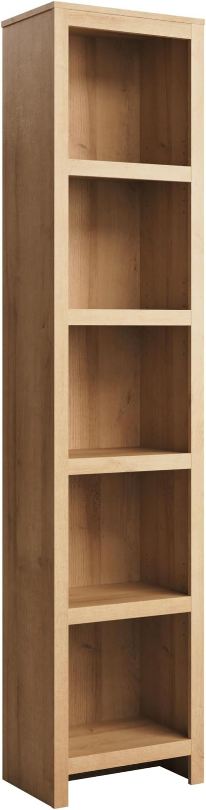 Prepac Moda 80" Tall 5-Tier Narrow Bookcase in Natural Oak, Modern Storage Accent Bookshelf with 3 Adjustable Shelves for Home, Office, Living Room, Bedroom