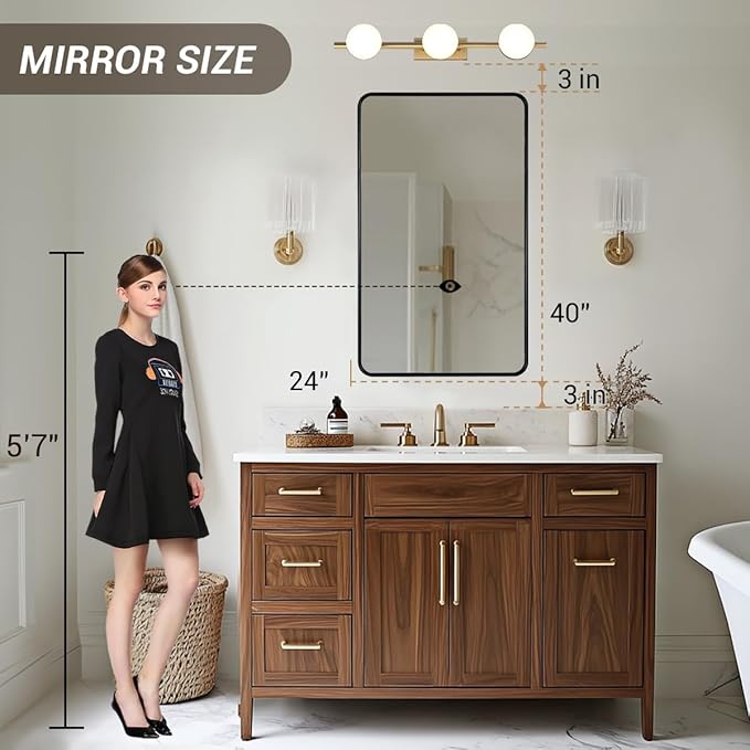 ANDY STAR Black Bathroom Wall Mirror, 24x40 Inch Rounded Rectangle Mirror for Bathroom, Modern Tube Matte Black Framed Rectangular Mirrors for Vanity, Explosion-Proof Film, Horizontal/Vertical