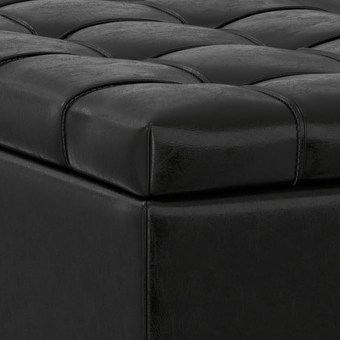 SIMPLIHOME Mariah 36 inch Wide Contemporary Rectangle Lift Top Table Storage Ottoman in Midnight Black PU Black faux leather, Assembled, For the Living Room, Entryway and Family Room