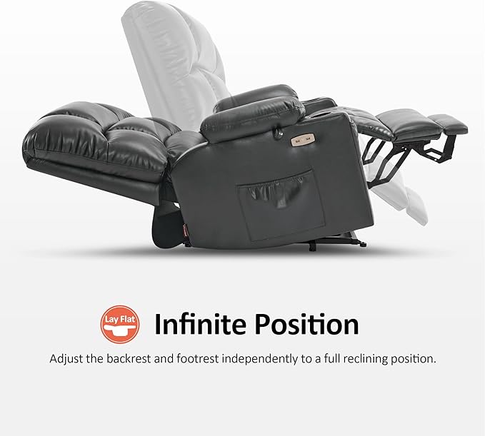 MCombo Oversized Dual Motor Power Lift Recliner Chair Sofa with Massage and Heat for Big Elderly People, Infinite Position, USB Ports, Faux Leather R7677 (Dark Grey, Medium-Oversize)