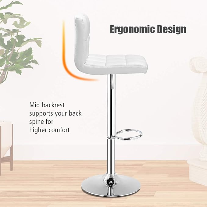 COSTWAY Bar Stools Set of 2, Modern Swivel Adjustable Height PU Leather Barstools with Back, Square Armless Counter Height 2-Pack Bar Chair for Kitchen Island Dining Living Bistro Pub Counter, White