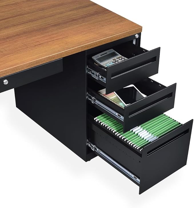 NBF Carbon L Shaped Executive Office Desk with Hutch - Durable Laminate Computer Desk with 3 Drawers - Modern Desk with Storage and Cabinet - Work Desk with Right Return (72" W x 96" D, Gray, Maple)