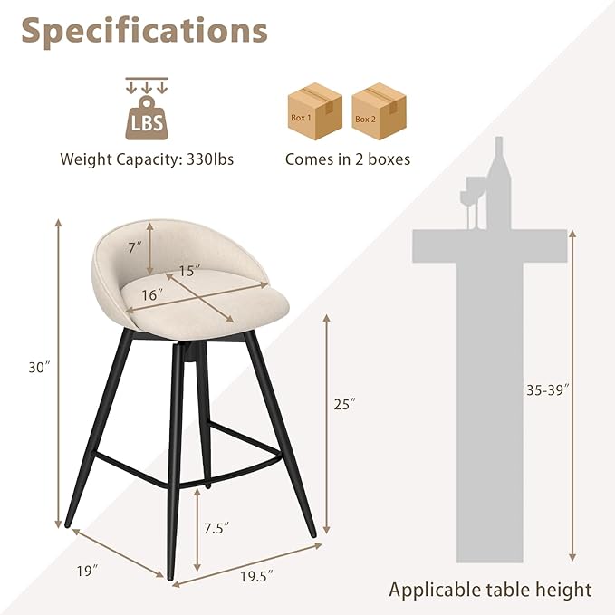 COSTWAY Bar Stools Set of 4, 25" Upholstered Counter Height 360° Swivel Bar Stools w/Backrest & Footrest, Heavy-Duty Metal Frame Armless Breakfast Chairs for Kitchen, Living Room (Set of 4,Beige)