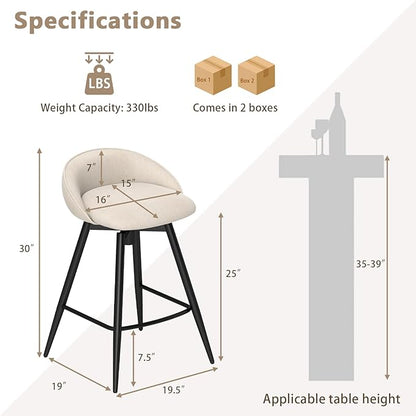 COSTWAY Bar Stools Set of 4, 25" Upholstered Counter Height 360° Swivel Bar Stools w/Backrest & Footrest, Heavy-Duty Metal Frame Armless Breakfast Chairs for Kitchen, Living Room (Set of 4,Beige)