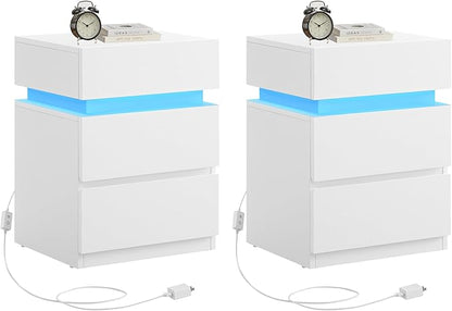 VASAGLE Nightstands with LED Lights, Set of 2, Adjustable Light Colors, Bedside Tables, Side Tables with 3 Drawers, Modern Style, 13.8 x 15.7 x 21.7 Inches, Cloud White ULET799T12