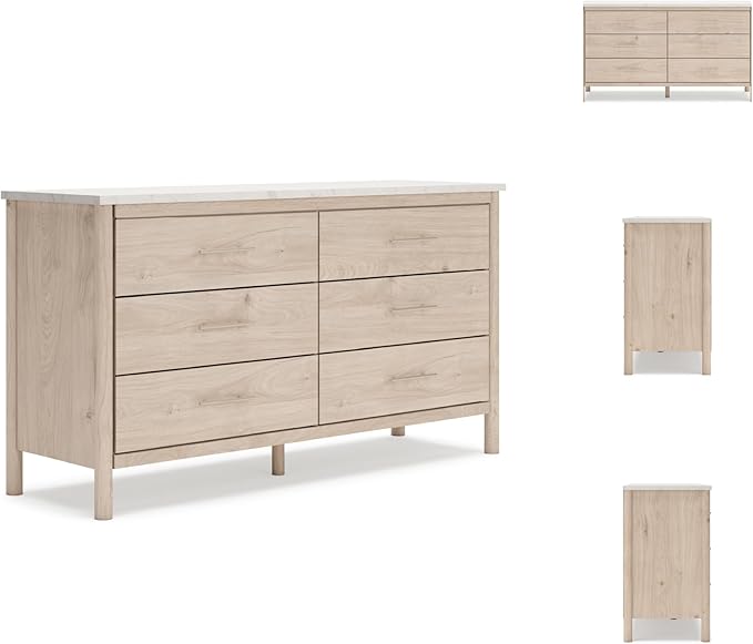 Signature Design by Ashley Cadmori Casual Bohemian Dresser with Post Legs and 6 Drawers, Replicated Marble Top, Wood, 35" High, White and Light Brown Finish