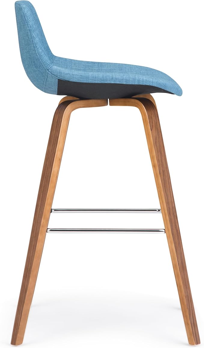 SIMPLIHOME Randolph Counter Stools (Set of 2) - 28 Inch Seat Height Upholstered Bentwood Kitchen Seats in Medium Blue Linen Look Fabric, Mid Century Modern Seating with Curved Backrest and Footrest