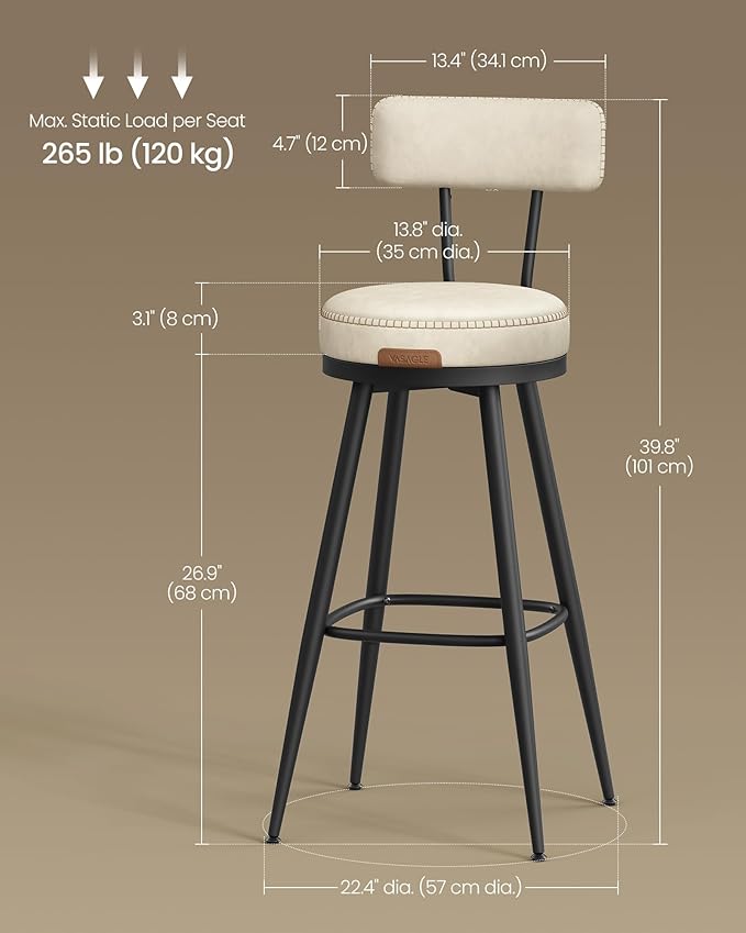 VASAGLE EKHO Collection - Bar Stools Set of 2, Swivel Bar Height Bar Stools with Back, Synthetic Leather with Stitching, Mid-Century Modern, 30-Inch Tall Barstools for Kitchen Home Bar, Cream White