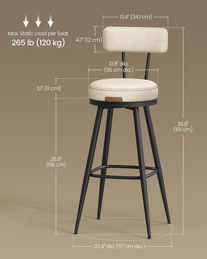 VASAGLE EKHO Collection - Bar Stools Set of 2, Swivel Bar Height Bar Stools with Back, Synthetic Leather with Stitching, Mid-Century Modern, 30-Inch Tall Barstools for Kitchen Home Bar, Cream White