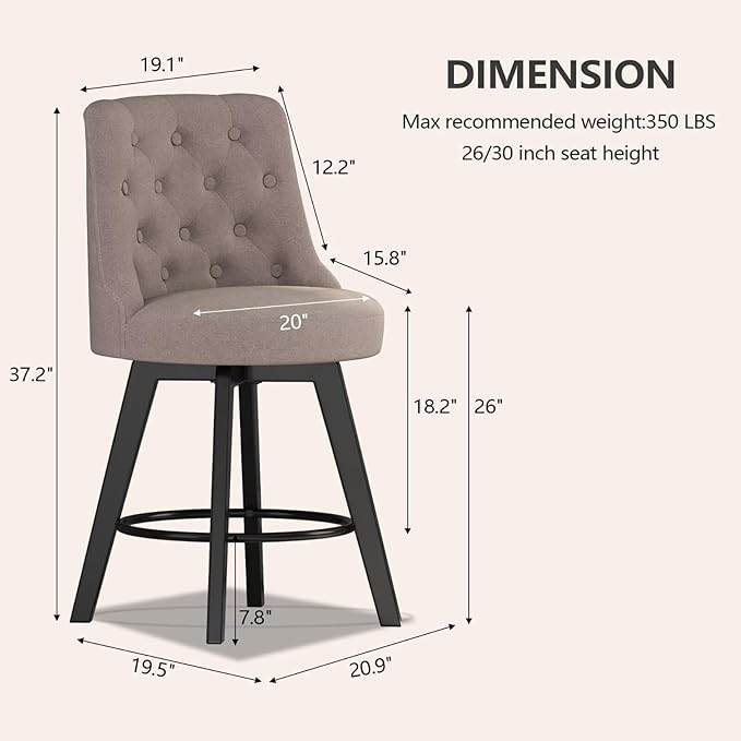 MINCETA Set of 2 Upholstered Bar Stools - 26 Inch Swivel Counter Height Stools with Low Tufted Back, Footrest & Performance Fabric - Round Seat for Kitchen Island & Home Bar Taupe
