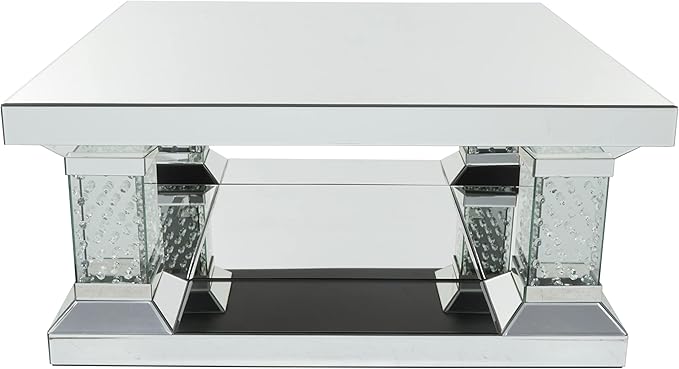 Deco 79 Wood Mirrored Coffee Table with Crystal Embellishments, 39" x 39" x 18", Silver