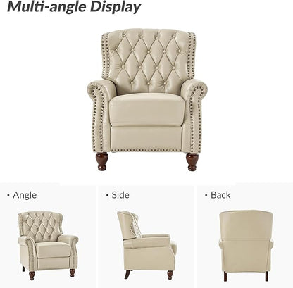 HULALA HOME Genuine Leather Recliner Chair Set of 2 w/Solid Wood Feet, Modern Adjustable Tufted Push Back Arm Chair w/Rivet Decoration, Home Theater Seating Reclining Sofa for Living Room, Beige