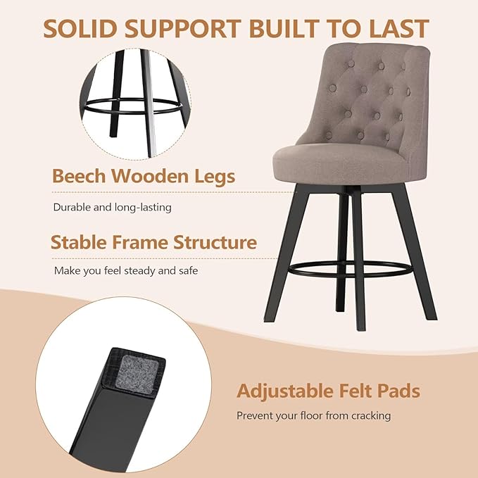 MINCETA Set of 2 Upholstered Bar Stools - 26 Inch Swivel Counter Height Stools with Low Tufted Back, Footrest & Performance Fabric - Round Seat for Kitchen Island & Home Bar Taupe