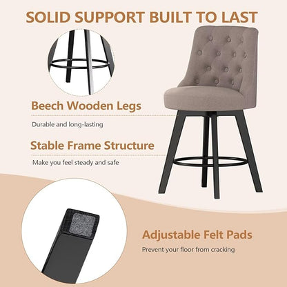 MINCETA Set of 2 Upholstered Bar Stools - 26 Inch Swivel Counter Height Stools with Low Tufted Back, Footrest & Performance Fabric - Round Seat for Kitchen Island & Home Bar Taupe