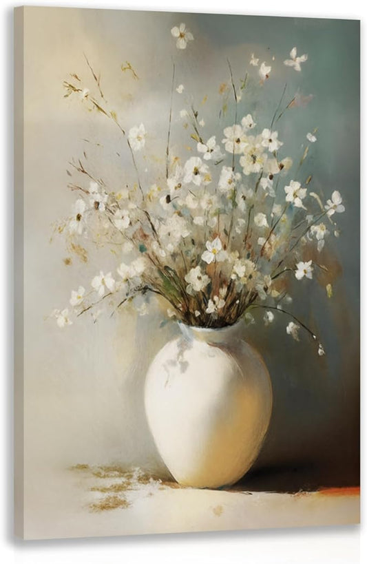 HLXRAE Framed White Floral Wall Art, Rustic Farmhouse Bathroom Wall Decor, Soft Neutral Wildflower Still Life Canvas Print, Minimalist Botanical Aesthetic Picture for Bedroom Laundry 12x16 Inch