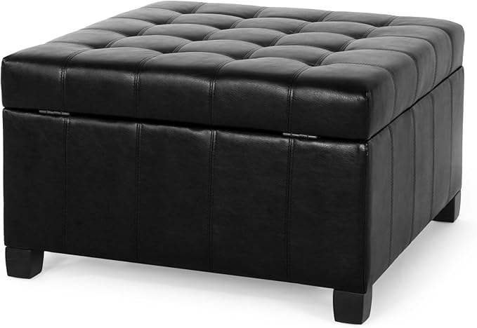 Christopher Knight Home Faux Leather Storage Ottoman Square Ottoman End of Bed Ottoman Cube for Bedroom Entryway Foot Rest Stool with Hinged Lid 30.25" x 30.25" x 18", Black