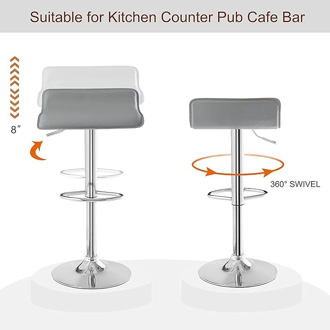 VECELO Bar Stools Set of 2, Adjustable Barstools, Counter Height Bar Stools, Modern Armless PVC Stools Swivel Bar Chairs, Light Grey