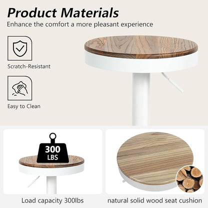 Kidol & Shellder Bar Stools Set of 4 Round Adjustable Swivel Barstools Modern Backless Bar Chairs Wooden Seat Counter Height Stools Armless for Kitchen Island, Cafe, Dining Room White