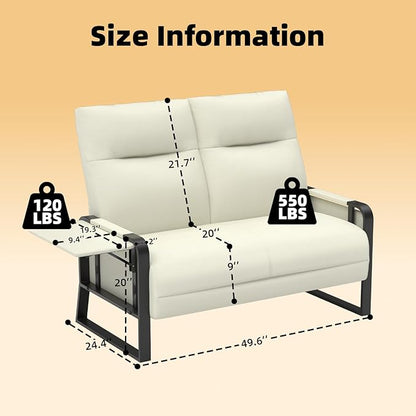 Faux Leather Loveseat Couch for Living Room Bedroom Office, Small Sofa 2 Seater Couch with Flip Up Tray Table Side Pockets Leather Loveseats, Beige
