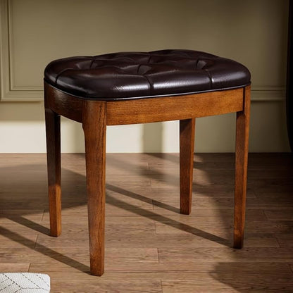 MODERION Vanity Stool Bench with Upholstered, Modern Luxury Wood Stool ,Ottoman Shoe Bench for Living Room, Vanity, Entryway, 19.3"L x 14.9"W x 19.3"H Easy Assembly, Beeswax Leg & Dark Brown FD-HNY-DB