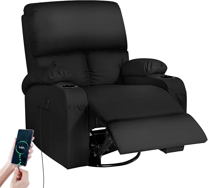 LEVELEVE Rocking Recliner Chair, Massage Rocker Recliner Chair with Vibration Massage and Heat, USB and Type-C Ports,360° Swivel Faux Leather Chairs, Living Room, Bedroom, Nursery, RV, Black