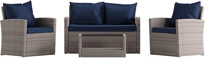 Flash Furniture Aransas Series 4 Piece Light Gray Patio Set with Navy Back Pillows and Seat Cushions