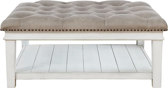 Signature Design by Ashley Kanwyn French Country Upholstered Square Ottoman Coffee Table, Whitewash