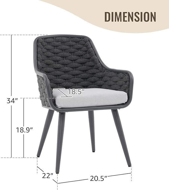 SUNSITT Outdoor Dining Chairs Set of 2, Metal Outdoor Patio Dining Chairs with Weather-Resistant Cushions, Woven Rope Chairs Outdoor with Armrest Dark Grey Outdoor Furniture Chairs for Backyard