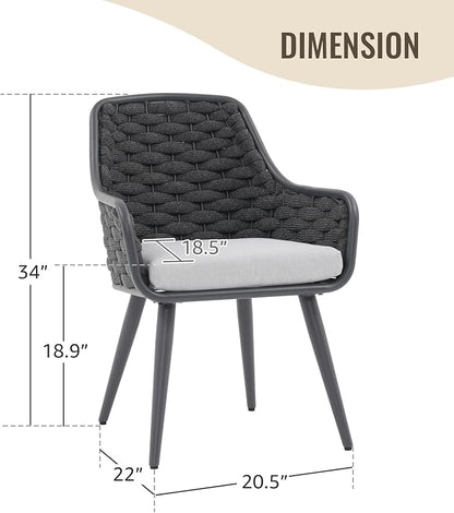 SUNSITT Outdoor Dining Chairs Set of 2, Metal Outdoor Patio Dining Chairs with Weather-Resistant Cushions, Woven Rope Chairs Outdoor with Armrest Dark Grey Outdoor Furniture Chairs for Backyard