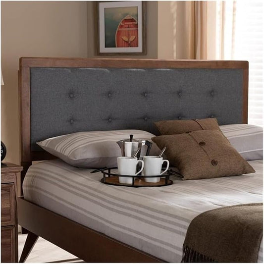 Mid-Century Marvel Fabric Upholstered Walnut Brown Finished Wood Headboard, Wall Mount Headboard Full/Dark Gray