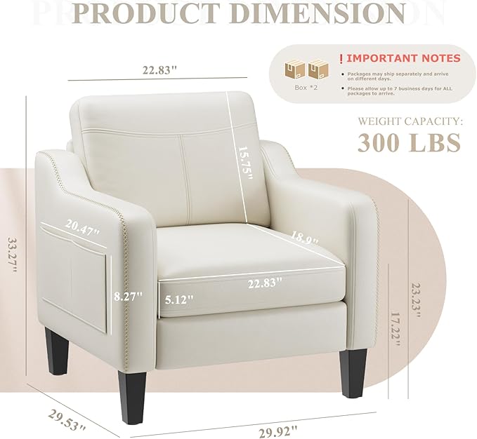 PU Leather Accent Chair Set of 2, Mid-Century Modern Living Room Armchair Sofa with Removable Cushions, Solid Wood Frame & Stitched Armrest Design, Bedroom Chair with Plastic Legs, Beige