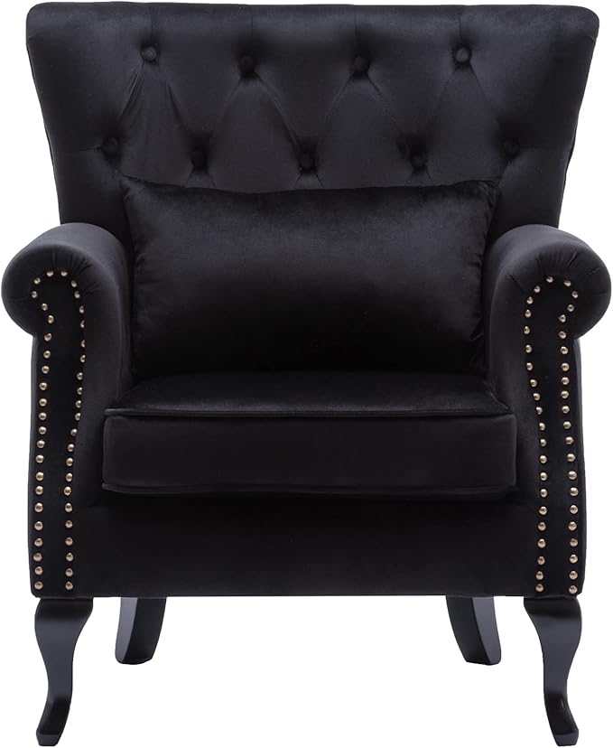 chairus Mid-Century Modern Accent Chair Comfy Tufted Single Sofa Chair Wingback Armchair with Pillow for Club, Living Room, Bedroom - Velvet, Black