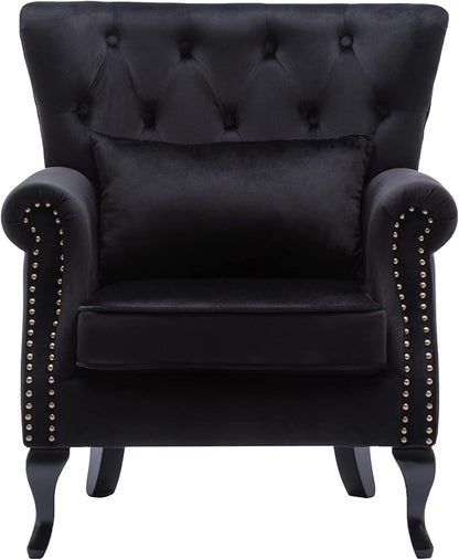 chairus Mid-Century Modern Accent Chair Comfy Tufted Single Sofa Chair Wingback Armchair with Pillow for Club, Living Room, Bedroom - Velvet, Black