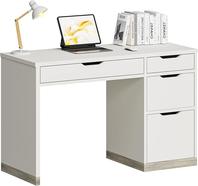 White Desk with Drawers, 48 Inch Small Computer Desk with 4 Storage Drawers for Small Space, Home Office Desk for Bedroom with Storage File Cabinet