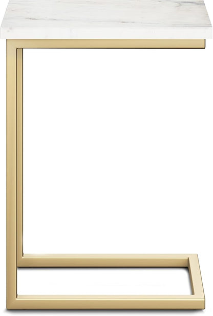 SIMPLIHOME Skyler 18-inch Wide Metal Table in White/Gold, C-Shaped Industrial-Style Side Table with Genuine Marble Top for Living Room, Bedroom, or Home Office