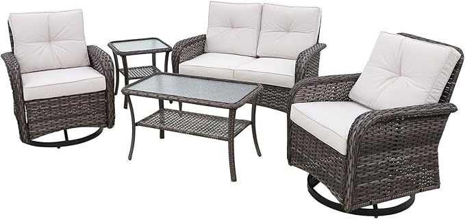 COOS BAY Vintage Courtyard Patio Furniture Set, Wicker Outdoor Furniture, Patio Conversation Sets, 2 Swivel Rockers, Loveseat, Coffee Table and Side Table, 5 Pieces, Gray/Beige