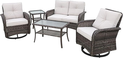 COOS BAY Vintage Courtyard Patio Furniture Set, Wicker Outdoor Furniture, Patio Conversation Sets, 2 Swivel Rockers, Loveseat, Coffee Table and Side Table, 5 Pieces, Gray/Beige
