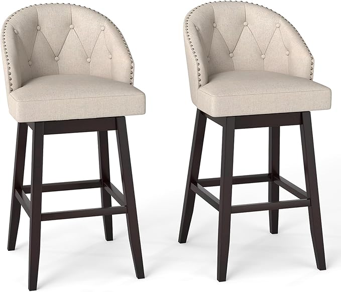 COSTWAY Bar Stools Set of 2, 31’’ Swivel Bar Stools with Rubber Wood Legs & Padded Back, Breathable Linen Fabric, Stylish Tufted Design & Rivet Decoration, Adjustable Foot Pads (2, Beige + Brown)