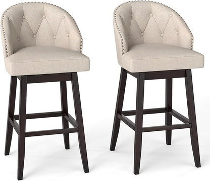 COSTWAY Bar Stools Set of 2, 31’’ Swivel Bar Stools with Rubber Wood Legs & Padded Back, Breathable Linen Fabric, Stylish Tufted Design & Rivet Decoration, Adjustable Foot Pads (2, Beige + Brown)
