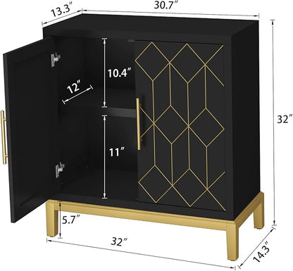 HLR Accent Cabinet with Gold Trim Set of 2,Storage Cabinet with 2 Doors,Modern Wooden Sideboard for Living Room, Kitchen, Office and Hallway(Black)