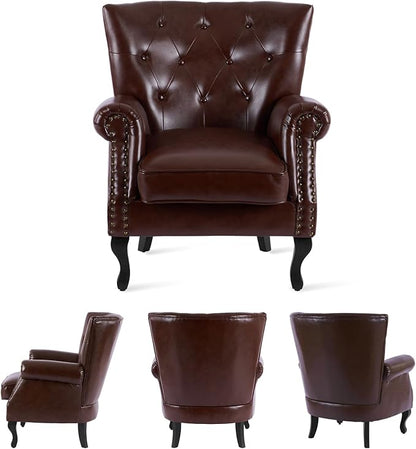 MOJAY PU Leather Accent Chair, Mid-Century Modern Armchair Living Room Club Chair with Tufted Button & Rivet Trim, Upholstered Sofa Chair with Sturdy Wood Legs for Bedroom (Reddish Brown)