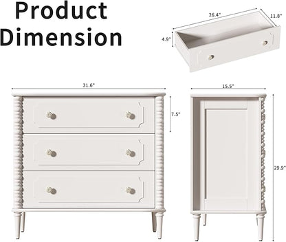 3 Drawer Dresser, 32 inch Wide Dresser for Bedroom, Modern Wood Chest of Drawers, Turned Legs Nightstand with 3 Drawers for Dorms, Hallway, Entryway (White)