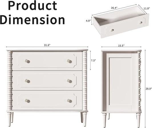 3 Drawer Dresser, 32 inch Wide Dresser for Bedroom, Modern Wood Chest of Drawers, Turned Legs Nightstand with 3 Drawers for Dorms, Hallway, Entryway (White)
