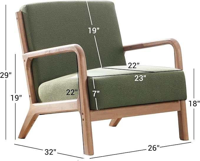 ANJ ANJHOME Mid Century Modern Accent Chair, Comfy Fabric Reading Chair with Solid Wood Frame, Easy Assembly Armchair for Living Room Blackish Green