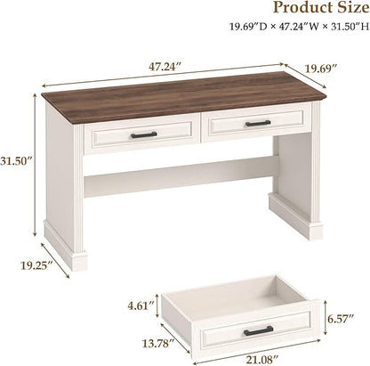 Farmhouse Executive Desk, 48 Inch Computer Desk with 2 Drawers, Simple Home Office Writing Desk Workstation for Bedroom Study Small Spaces, White and Brown