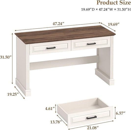 Farmhouse Executive Desk, 48 Inch Computer Desk with 2 Drawers, Simple Home Office Writing Desk Workstation for Bedroom Study Small Spaces, White and Brown