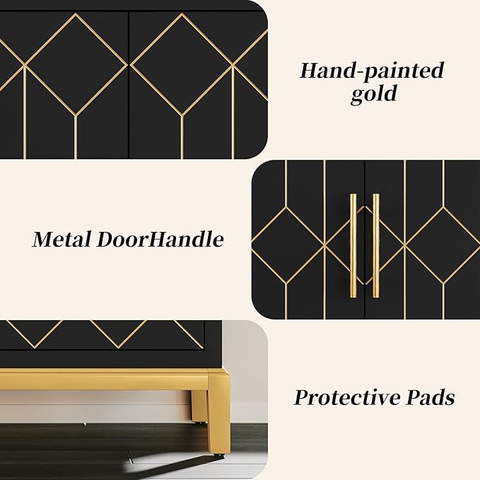 HLR Accent Cabinet with Gold Trim,Storage Cabinet with 2 Doors,Modern Wooden Sideboard for Living Room, Kitchen, Office and Hallway,Black