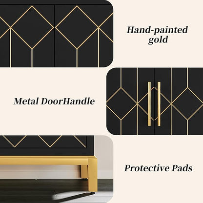 HLR Accent Cabinet with Gold Trim,Storage Cabinet with 2 Doors,Modern Wooden Sideboard for Living Room, Kitchen, Office and Hallway,Black